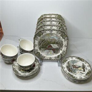 ​19pc Johnson Bros The Friendly Village Covered Bridge Ice House Sugar Maples